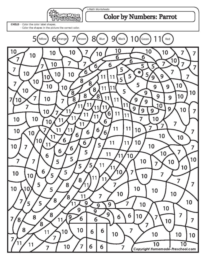 Interactive parrot coloring activity to practice numbers and creativity Color-By-Number worksheet featuring a parrot for first graders to enhance their counting skills