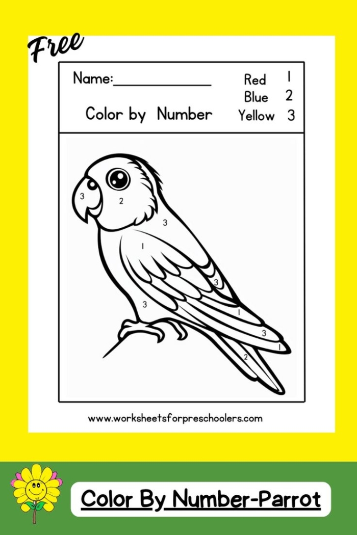 Colorful parrot illustration for a fun counting activity in the Color-By-Number series Color-By-Number worksheet featuring a parrot for first graders to enhance their counting skills