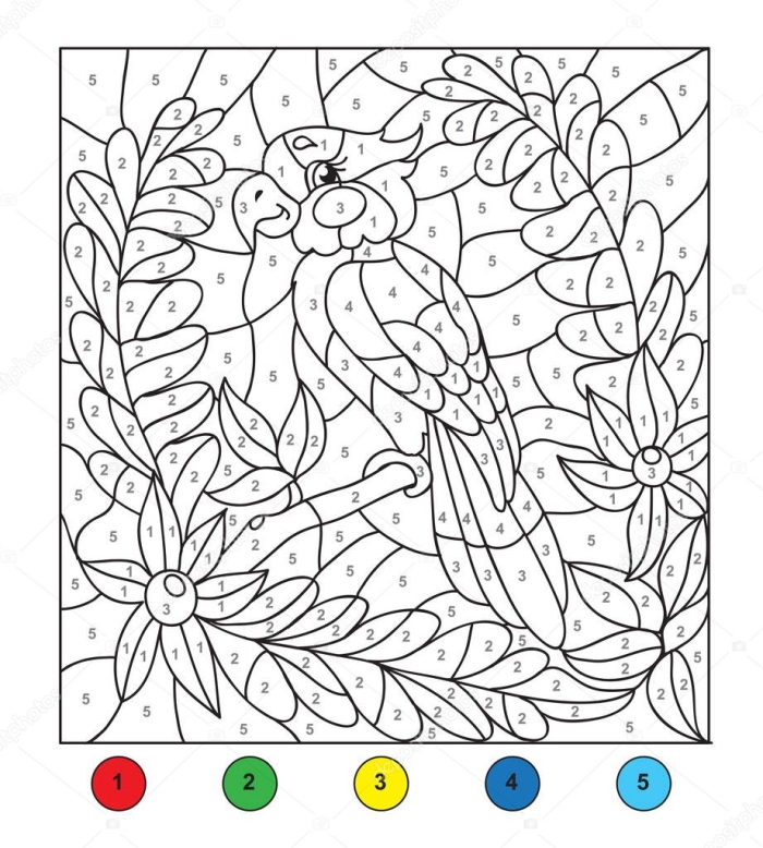 Fun and engaging color-by-number parrot activity for young learners Color-By-Number worksheet featuring a parrot for first graders to enhance their counting skills