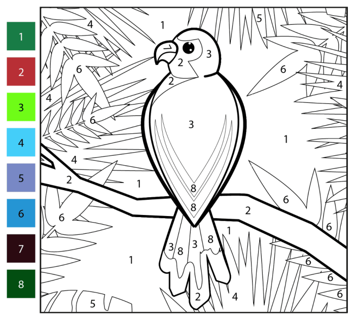 Coloring activity with a parrot design that helps young learners engage with numbers Color-By-Number worksheet featuring a parrot for first graders to practice numbers and counting