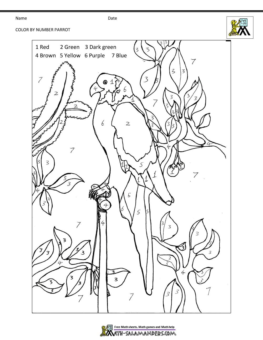 Engaging parrot coloring activity that teaches young students about numbers Color-By-Number worksheet featuring a parrot for first graders to practice numbers and counting