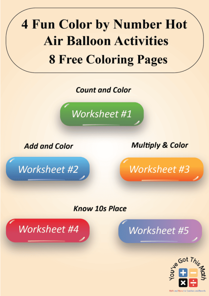 Color by number worksheet for Pre-K students featuring a sky full of hot air balloons