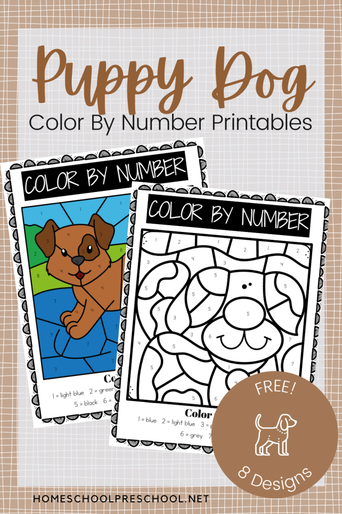 Color by Number worksheet featuring a cute puppy for kindergarten students to practice colors and numbers