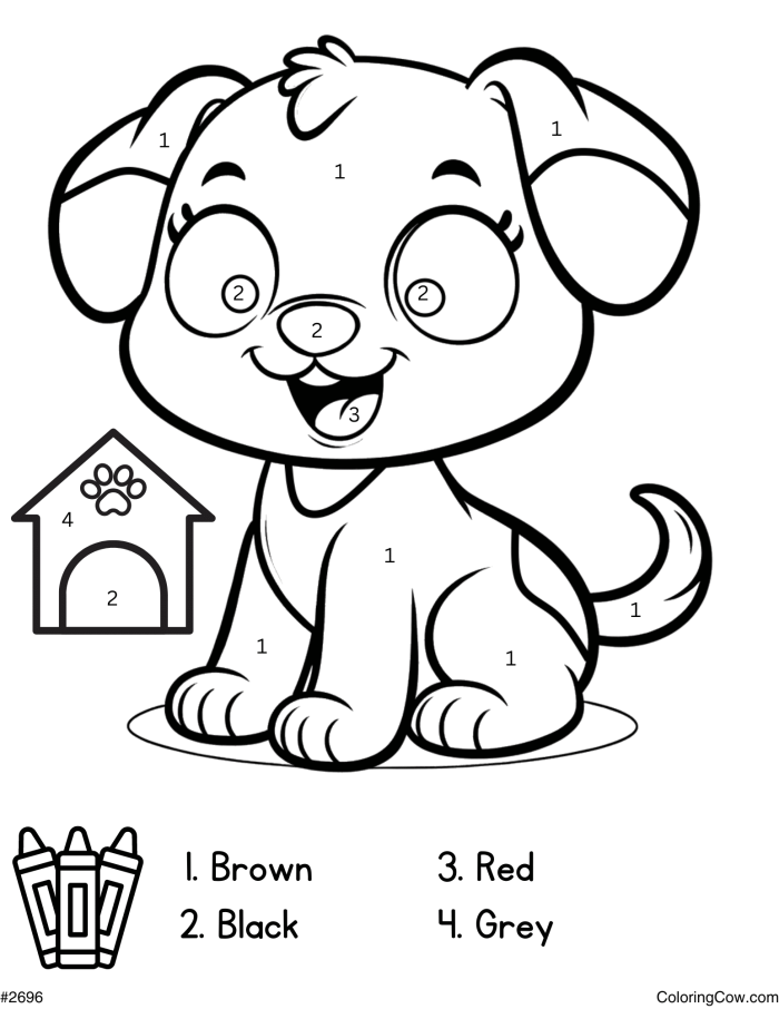 Kindergarten student completing a color by number puppy worksheet for reading practice
