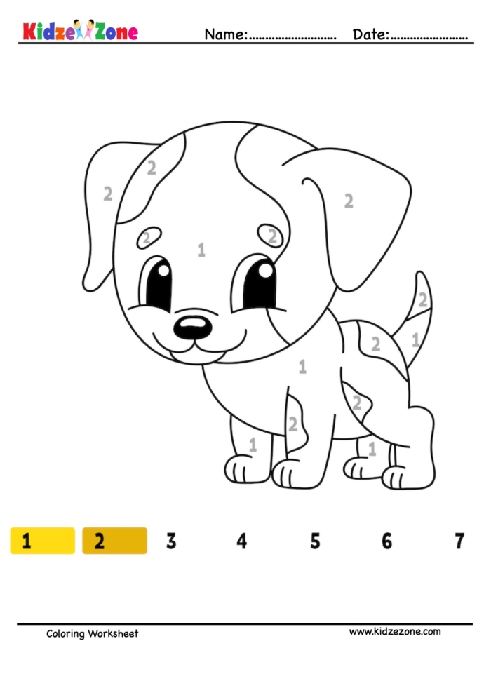 Cute puppy coloring worksheet for kindergarteners focused on numbers and colors