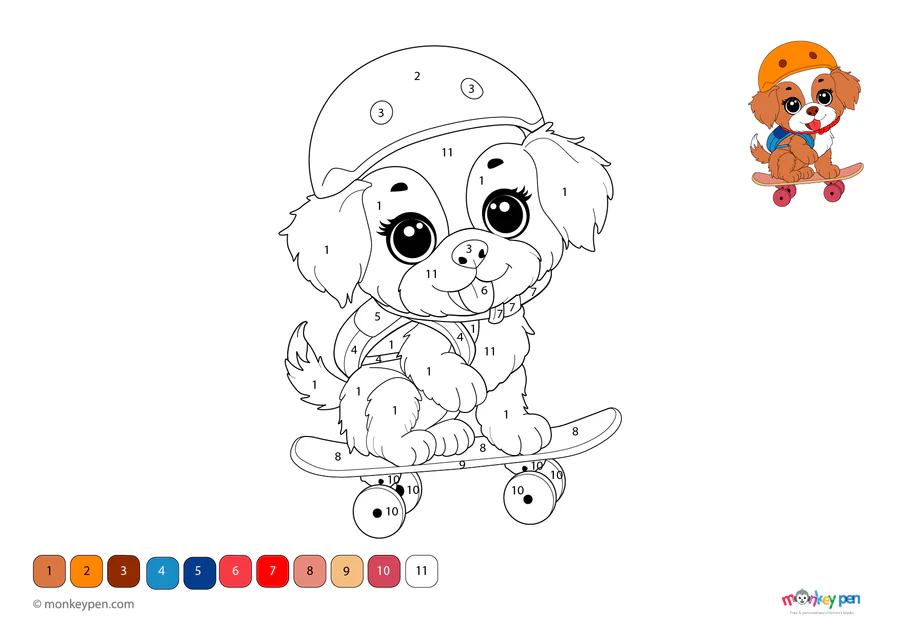 Color by number worksheet featuring a cute puppy for kindergarten students
