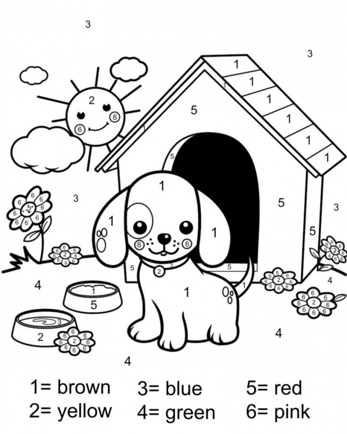 Kindergarten student coloring a cute puppy worksheet by following the numbered color key