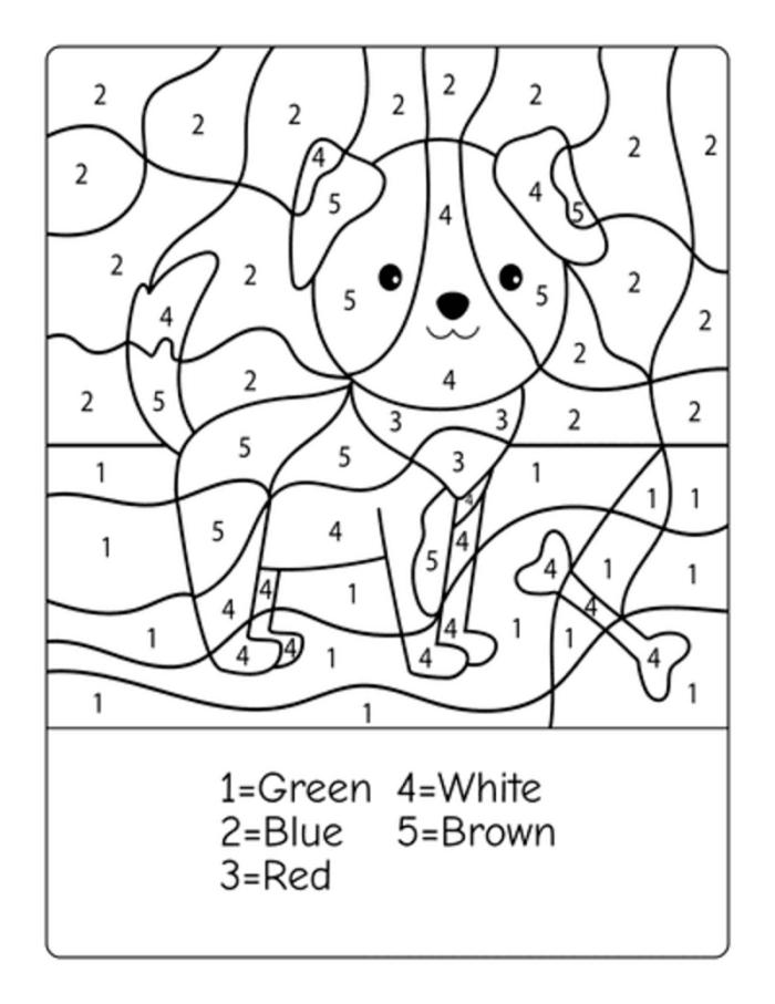 Cute puppy illustration for kids to color by number, enhancing their color and number recognition skills.