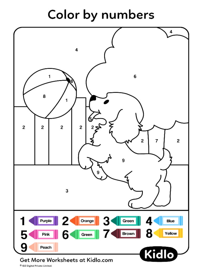 Kindergarten student using a color by number puppy worksheet to practice reading color words and following instructions