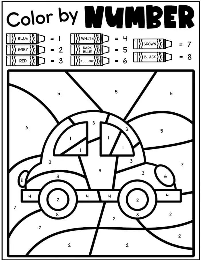 Pre-K student coloring a race car by number worksheet to learn fractions and identification