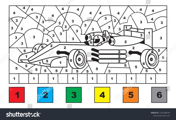 Pre-K worksheet featuring a race car with numbered sections for color by number practice