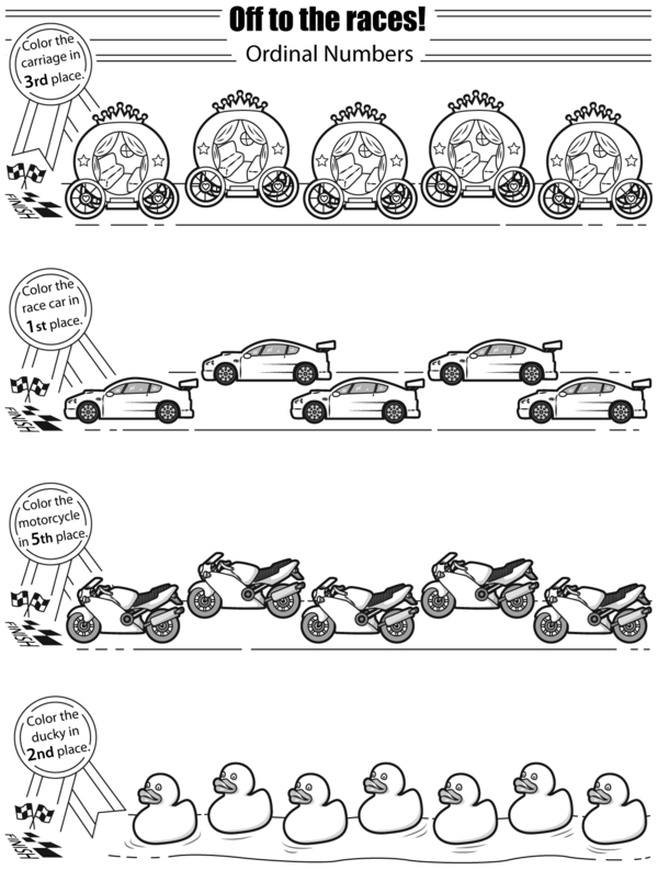 Color by number race car worksheet for Pre-K children focusing on fractions and color recognition