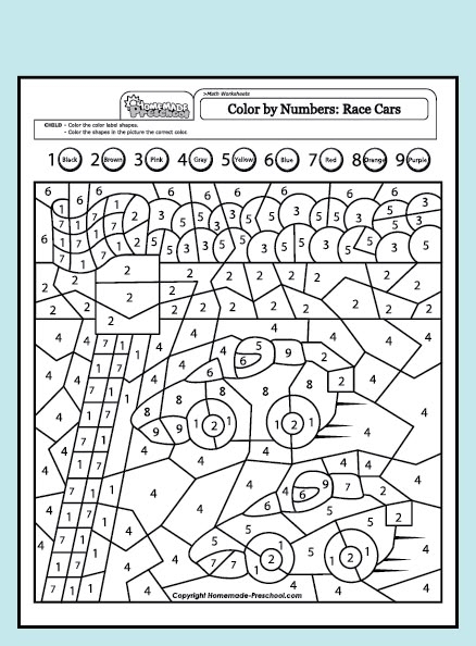 Color by Number worksheet featuring a vibrant race car for Pre-K children focusing on fractions