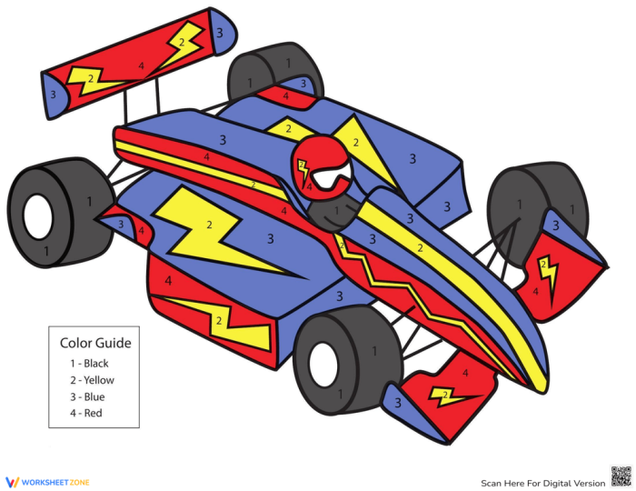 Color by Number worksheet featuring a vibrant race car for Pre-K children to enhance their color and number skills