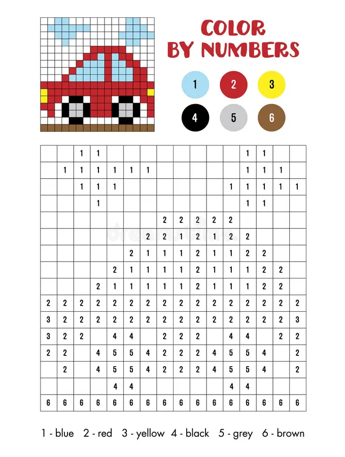 Color by number worksheet featuring a vibrant race car for Pre-K students