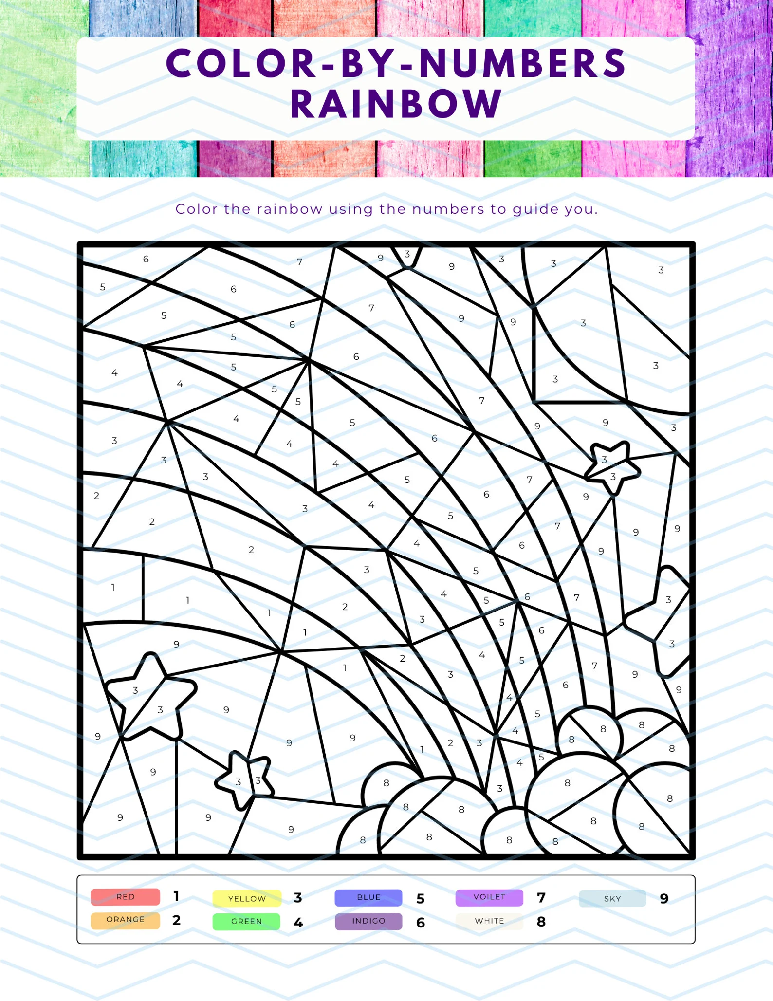 Color by number rainbow worksheet designed for Pre-K children to learn colors and improve fine motor skills