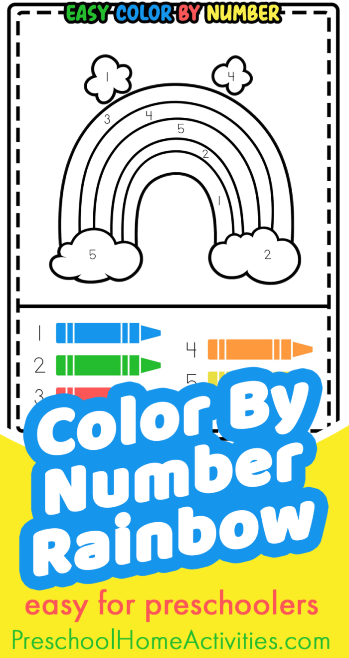 Color by number worksheet featuring a vibrant rainbow for preschoolers