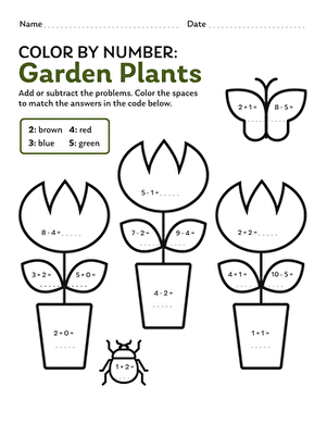 Kindergarten color by number garden plants worksheet featuring a floral scene for math practice