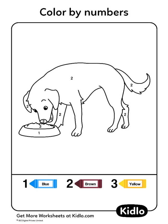 Kindergarten student filling in a puppy color by number worksheet for number seven