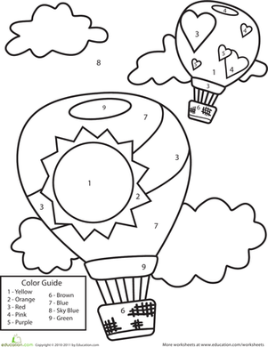 Pre-K worksheet with hot air balloons for kids to color by number 13