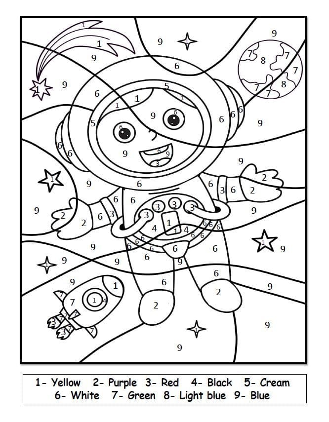 Color by number worksheet featuring a playful alien, colorful planets, and a rocket in outer space