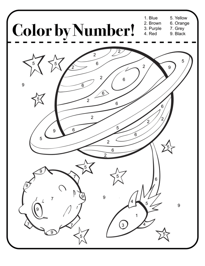 Cute alien and rocket in a colorful outer space scene for a Color by Number worksheet. Color by Number: Outer Space fun for Pre-K learners.