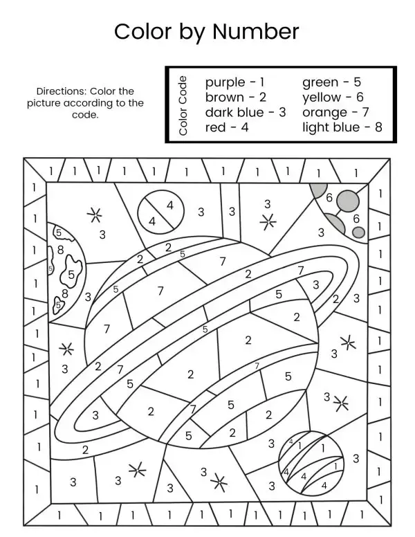 Color by number worksheet featuring a playful alien, colorful planets, and a flying rocket for Pre-K kids. Fun outer space theme for numbers and counting activities.