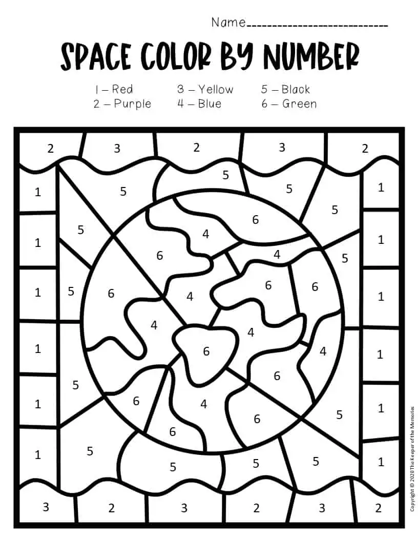 Color by number worksheet featuring a cute alien, planets, and a rocket for Pre-K kids