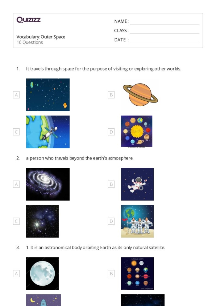 Pre-K space themed color by number worksheet featuring a rocket and alien for counting practice