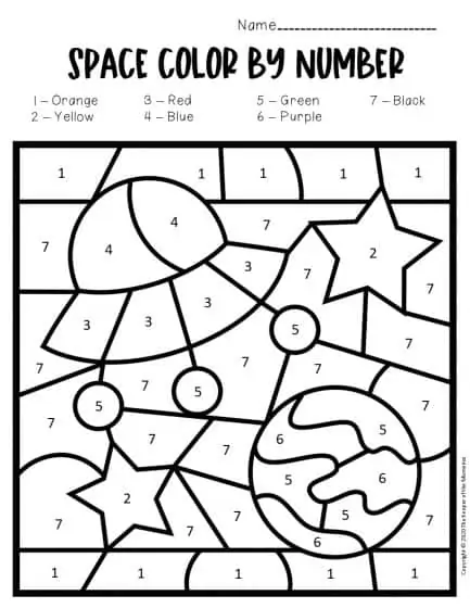 Cute alien and planets in a Color by Number Outer Space worksheet for Pre-K kids