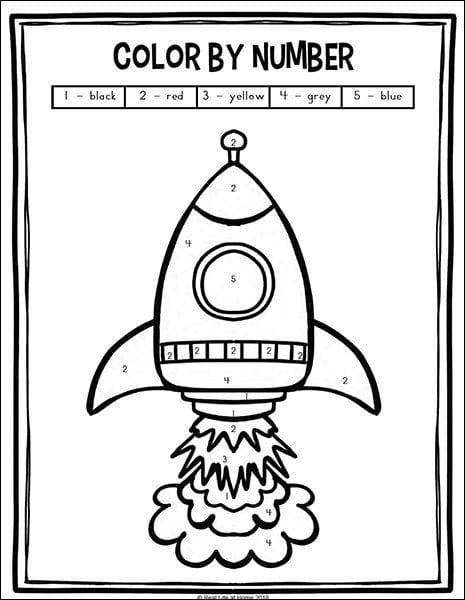 Cute alien and rocket in a Color by Number: Outer Space worksheet for Pre-K kids