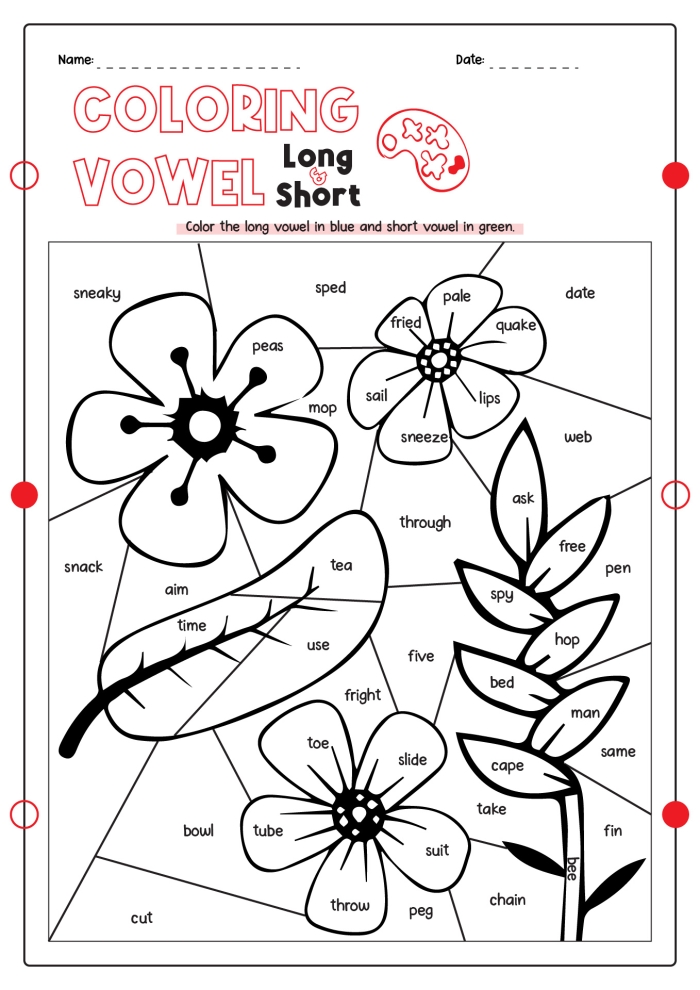 First grade students color pictures based on short vowel sounds in this phonics worksheet activity