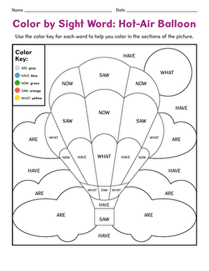 Engaging Hot-Air Balloon sight word coloring activity for geometry practice in early education Color by Sight Word worksheet featuring a vibrant hot-air balloon for kindergarten students