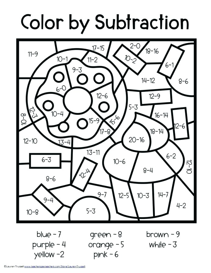 Color by Simple Subtraction worksheet featuring a fun drawing and subtraction problems for first graders