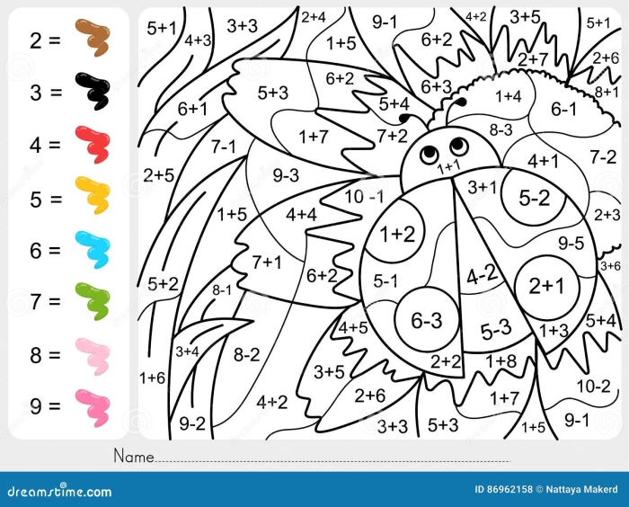 Color by Simple Subtraction worksheet featuring engaging subtraction problems for first graders