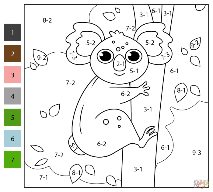 First grade Color by Simple Subtraction worksheet featuring engaging subtraction problems. Discover the hidden image by solving subtraction challenges and coloring accordingly!