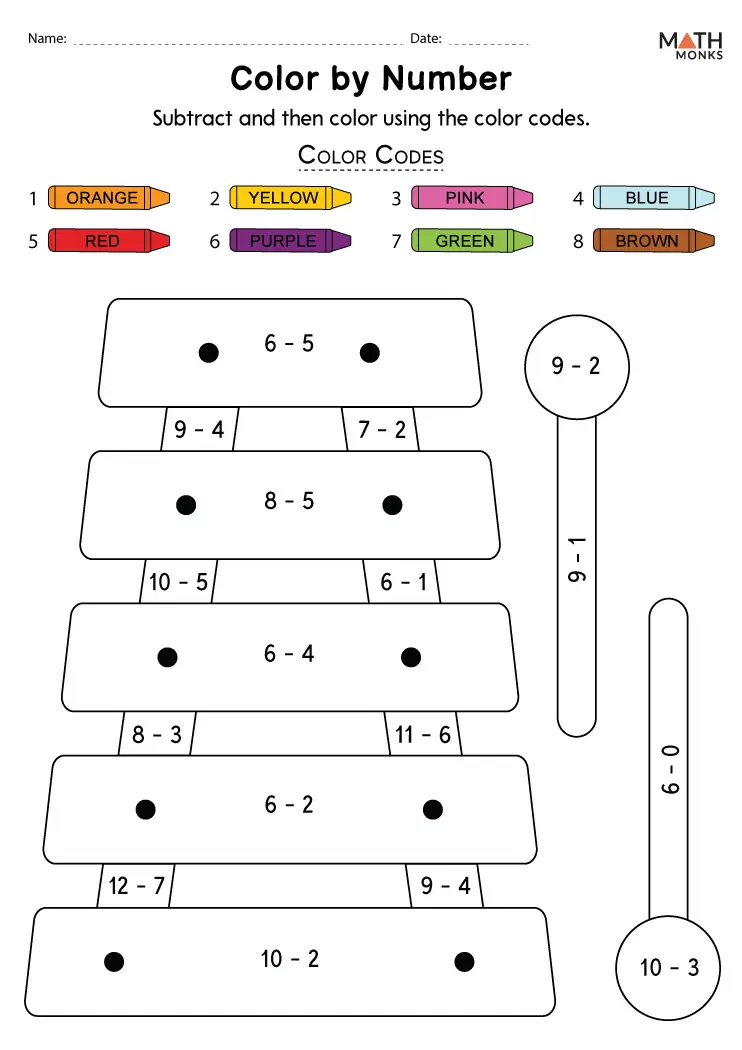 Color by Simple Subtraction worksheet featuring fun subtraction problems for first graders