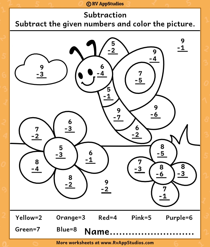 Color by Simple Subtraction worksheet featuring hidden images revealed through subtraction problems