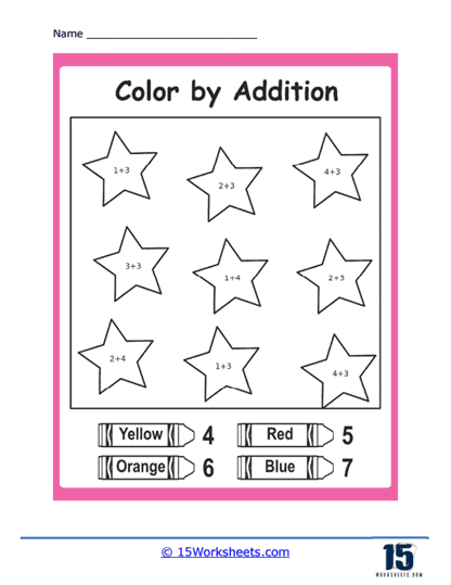 Kindergarten student coloring underwater scene with sea creatures while solving simple addition problems