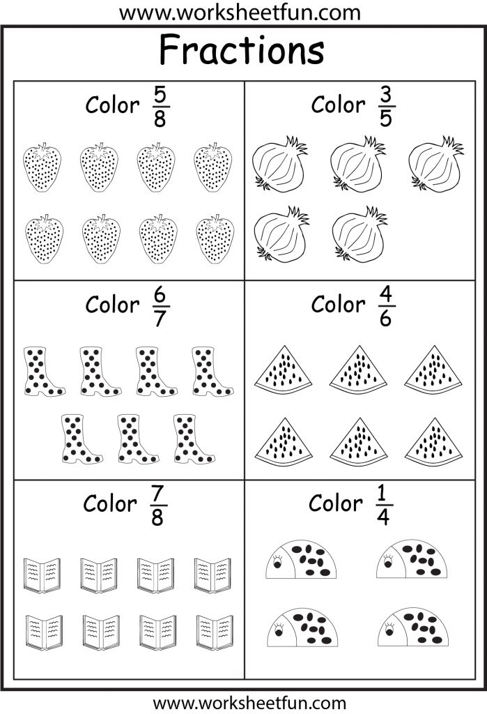 Color the Fraction worksheet for third graders featuring shapes for coloring based on given fractions