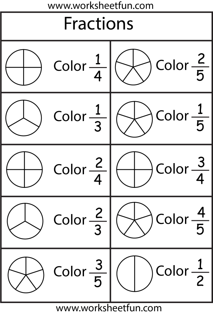 Third grade student worksheet with shapes to color for fraction practice