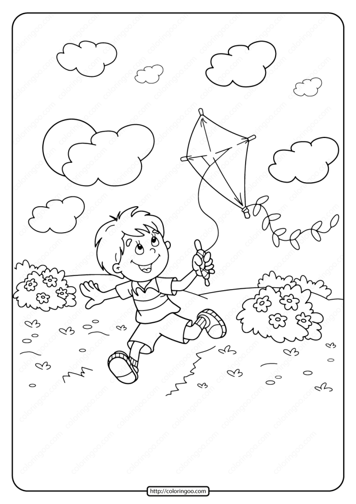 A young boy smiling while flying his kite on a sunny spring day from the Color the Kite-Flying Fun worksheet