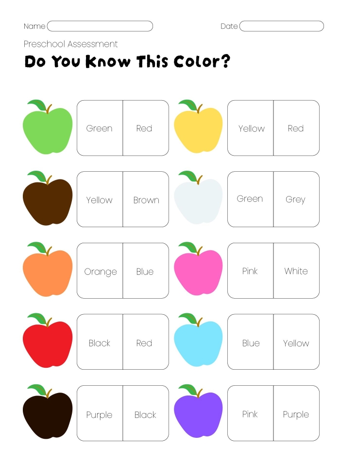 Pre-K student worksheet for identifying and matching color names with their corresponding shades