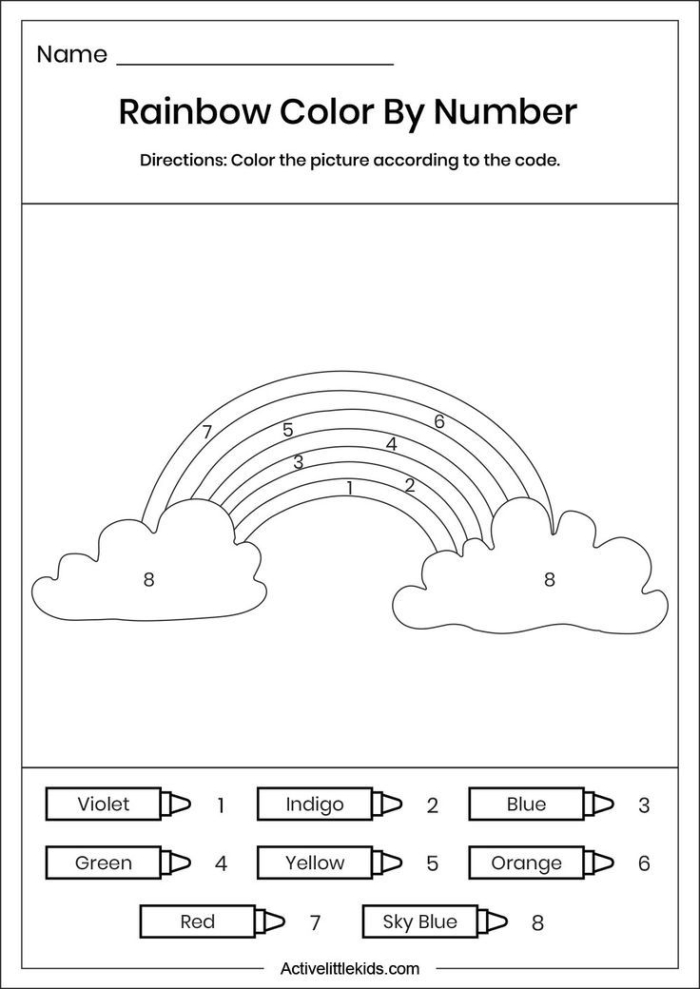 Color by number rainbow worksheet for Pre-K kids to enhance color recognition and fine motor skills