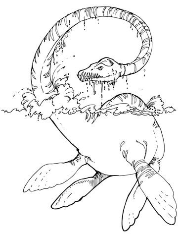Coloring worksheet featuring the Elasmosaurus swimming in an underwater scene for kindergarten students. Elasmosaurus Coloring Activity for Kids - Worksheet 3.