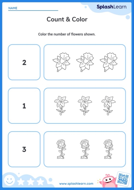 Fun flower-themed math practice for recognizing the number 3 Color the Flowers worksheet featuring number 3 for Pre-K learners