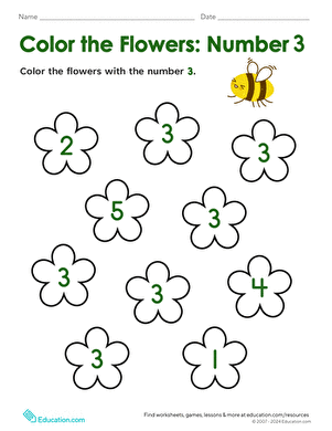 Engaging math activity for young children to practice identifying the number 3 Colorful worksheet featuring flowers and the number 3 for Pre-K learners