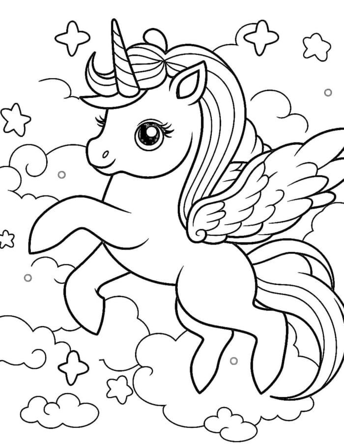 Coloring page of a whimsical unicorn soaring through the sky with a vibrant rainbow backdrop