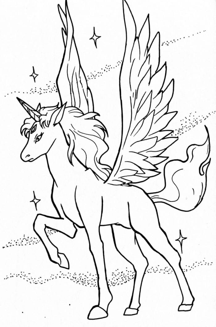 Preschool worksheet featuring a winged unicorn soaring past a rainbow to color in