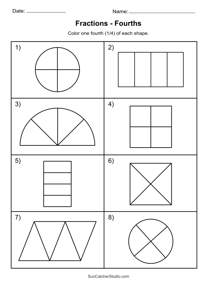Color the Fraction worksheet for third graders, featuring shapes to color based on given fractions
